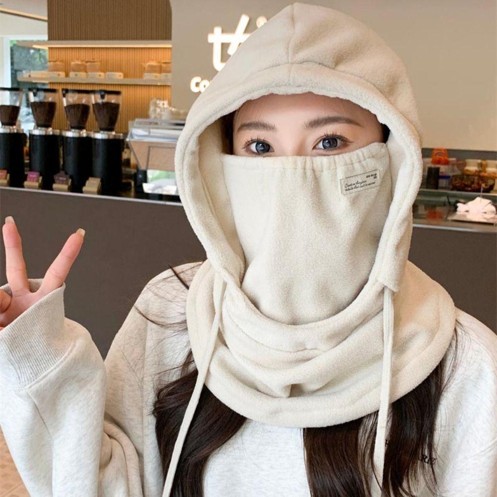 Casual Masks Hood Beanies Solid Color Pullover Cap Women Fleece Hat with Mask Ear Protector