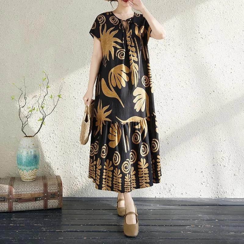 Dress for Woman Cotton Summer Plus Size Loose Floral Vintage Casual Printed Soft Long Holiday Dresses