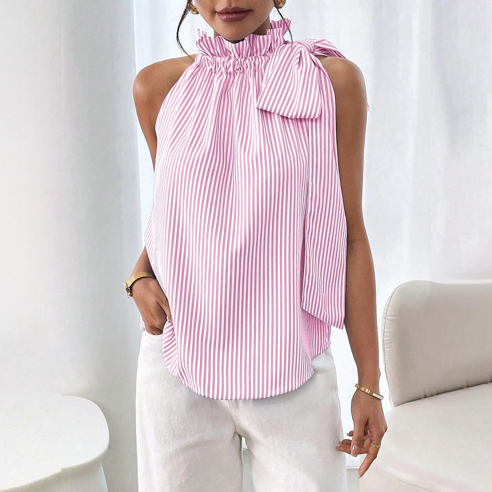 

Женская модная повседневная футболка-топ без рукавов с круглым вырезом, в полоску, с кружевной отделкой L розовый