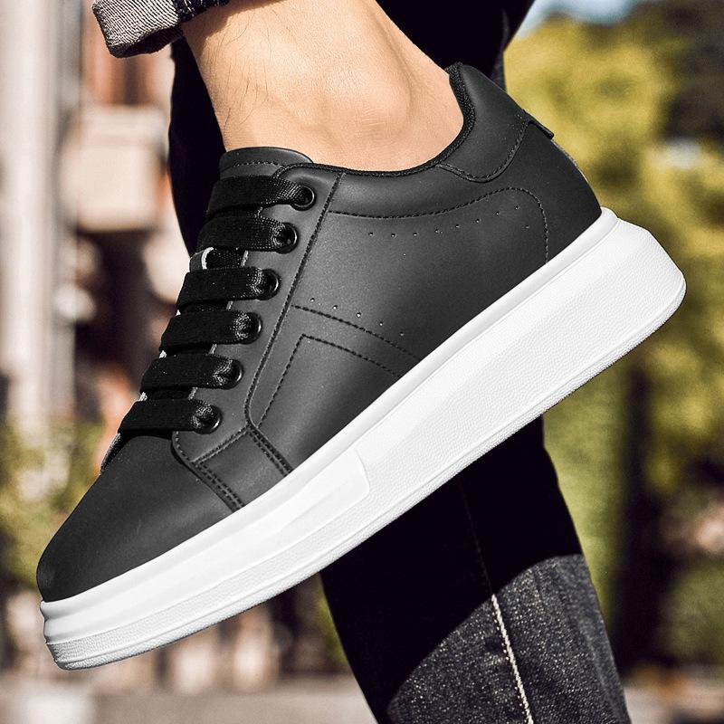 Men's 8CM Height-Boosting White Low-Top Cowhide Casual Shoes, Thick Sole, Large Sizes, Youth Fashion