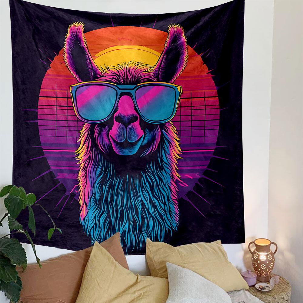 Cool Neon Llama with Sunglasses Patterned Tapestry Decorative Wall Hanging, Home Bedroom Living Room Decor