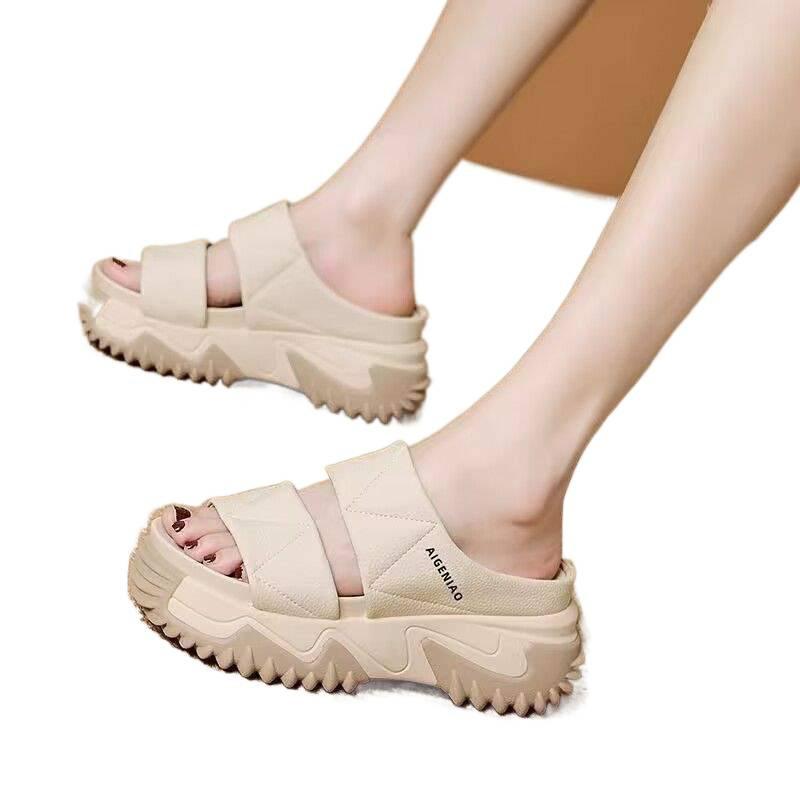 Thick-soled Heightening Slippers Women's 2025 Summer New Wear Super Soft Casual Muffin Shoes Lazy One-word Cool Slippers Women