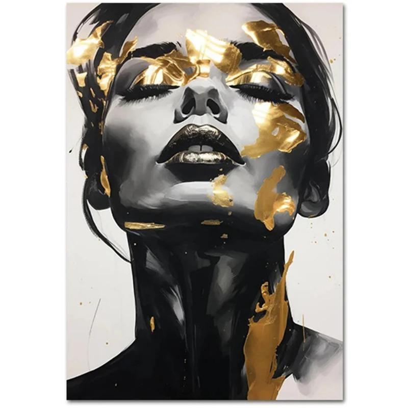 Modern Canvas Print Art Gold Black Woman Portrait Art Canvas Painting Abstract Woman Face Poster Wall Art Picture for Home Decor