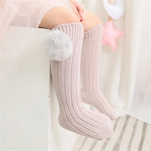 Kids Girls Socks Cotton Fur Ball Knee High Children's Socks For Girls Winter Warm Knitted Baby Stocking Age for 0-7Years