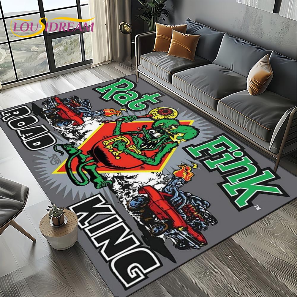 RF Funny Rat Fink Cartoon Motorcycle Sign Carpet Rug for Living Room Bedroom Home Sofa Decoration,Area Rug Non-slip Floor Mat