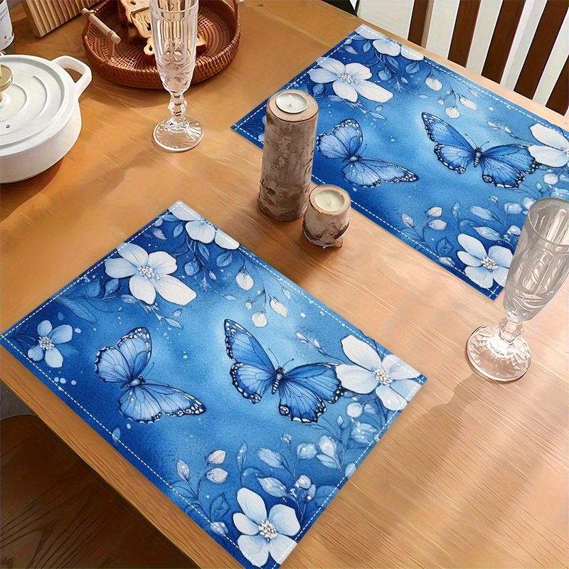 4pcs Elegant Floral & Butterfly Placemats | Deep Blue Table Mats with Blue Butterflies, Durable Linen Place Mats for Dining Table, Kitchen Decor