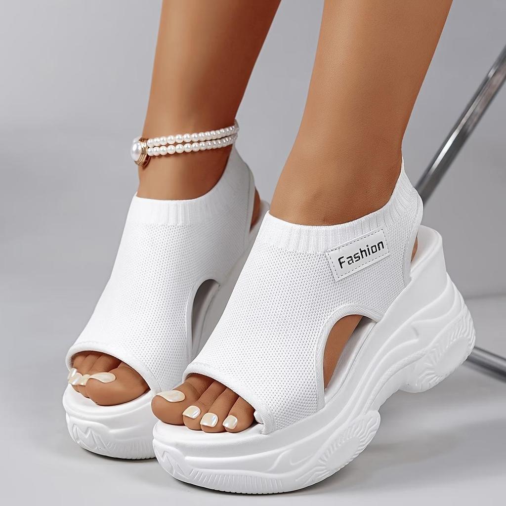 Women's Summer Casual Solid Color Wedge Sandals - Comfortable Mesh Breathable Knitted Upper, Platform Wedge Heel with Open-toe Design