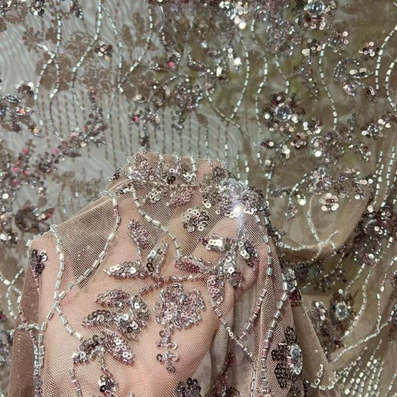 Elegant Beads Sequins Lace Fabric Sequins Embroidered Lace Fabric Diamond Fringe Wedding Dress Material for Clothing