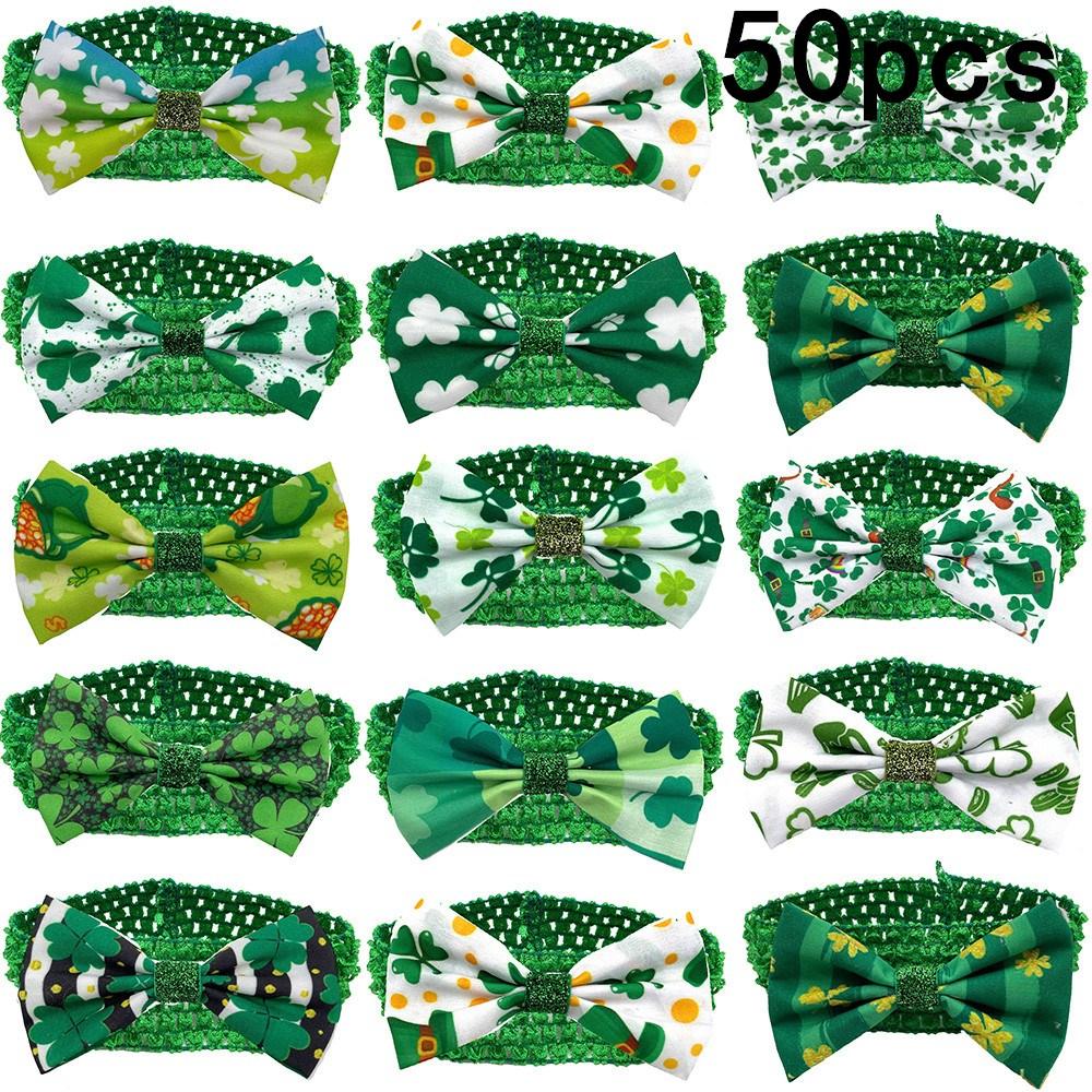 30/50pcs ST Patrick's Day Dog Bowties with Elastic Band Green Clover Pattern Small Middle Large Dog Collar Pet Grooming Product