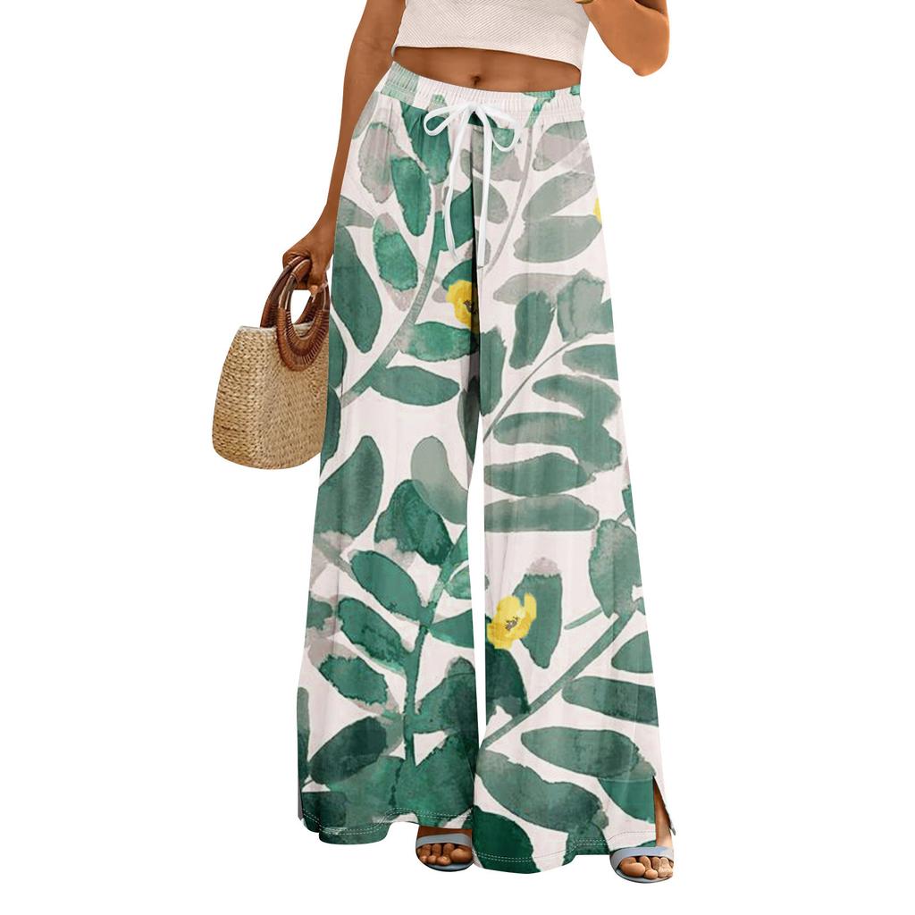Women Summer Boho Palazzo Pants High Waist Wide Leg Rinting Casual Trousers With Pockets