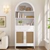 Modern arched display and storage cabinet, rattan doors, 3 display compartments + 2 doors + 1 drawer, white + wood look, 70 x 40 x 170 cm.