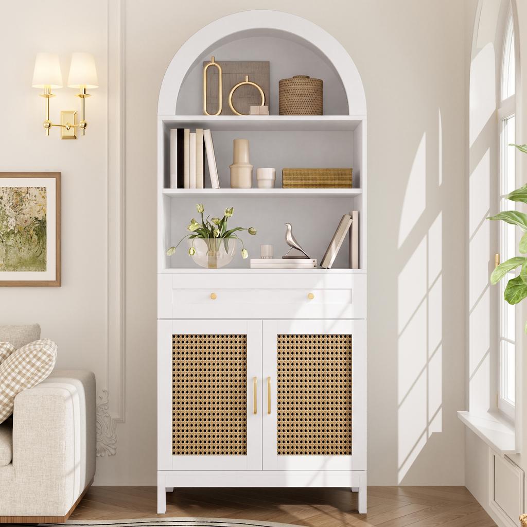 Modern arched display and storage cabinet, rattan doors, 3 display compartments + 2 doors + 1 drawer, white + wood look, 70 x 40 x 170 cm.