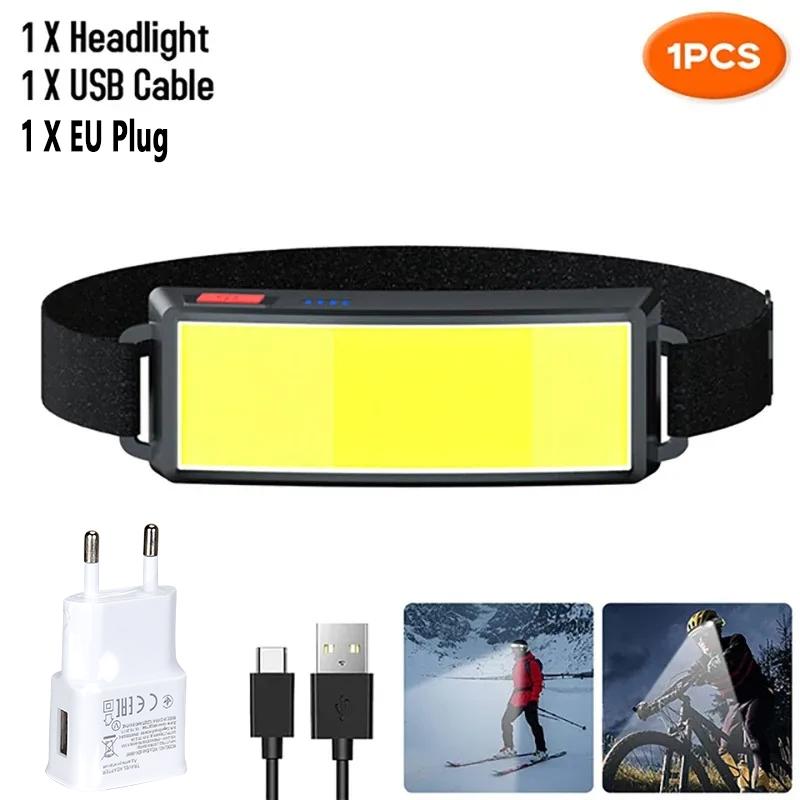 COB LED Headlight Flashlight 3 Mode,Built In Battery USB Rechargeable HeadLamp Outdoor Emergency Camping Fishing Lantern