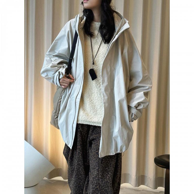 Womens Casual Loose Fit Hooded Windbreaker Jacket Solid Color Long Outdoor Coat