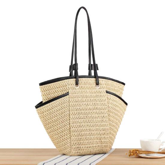 Straw Woven Shoulder Bag with Multiple Pockets Zipper Closure Handmade Braided Vacation Leisure Handbag