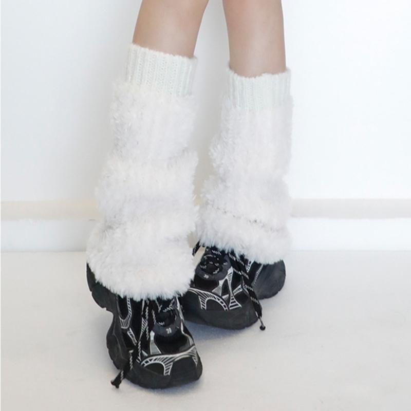 Ribbed Knit Cuffs Furry Leg Warmers for Women Students Winter Furry Plush Boot Covers Stretchy Calf Socks Streetwear