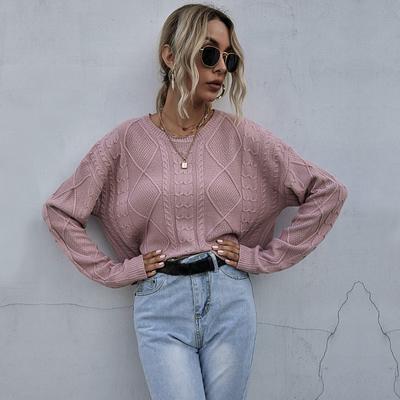 Vintage Mode Elegant Lässig Damen Herbst Locker Langärmlig Dünner Abschnitt Zopf Einfarbig Pullover