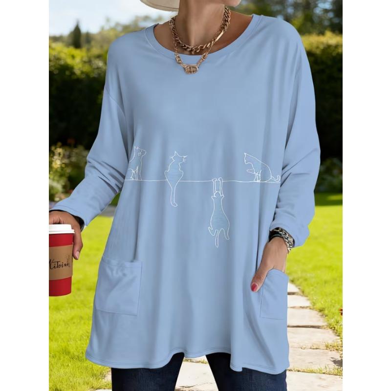 Women's long-sleeved round-neck T-shirt, suitable for spring, autumn and winter seasons. It has pockets and print designs. machine washable.