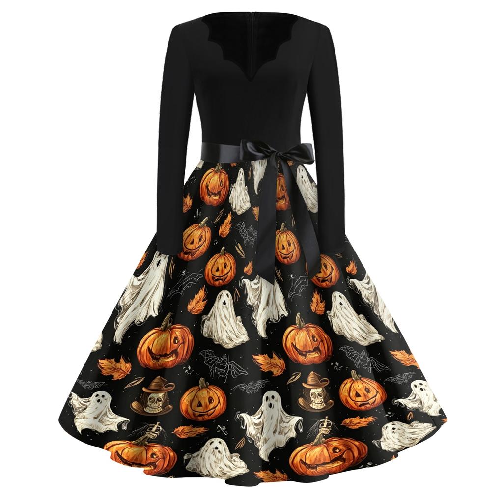 Women Long Sleeve V Neck Dress Vintage Halloween Print Midi Dress with Waist Tie Retro Casual Fit and Flare Dress for Daily Wear