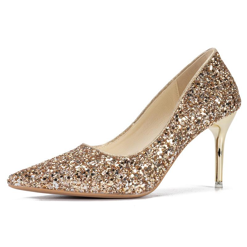Pointed head shallow mouth high heels women's new sequined stiletto wedding shoes exquisite crystal silver large size 41