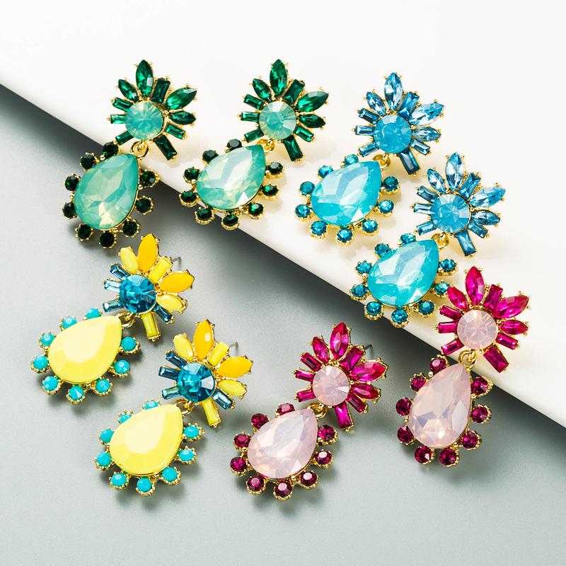 European & American Teardrop Flower Earrings: Rhinestone-Studded Alloy with Silver Studs, Colorful Fashion Jewelry for Women