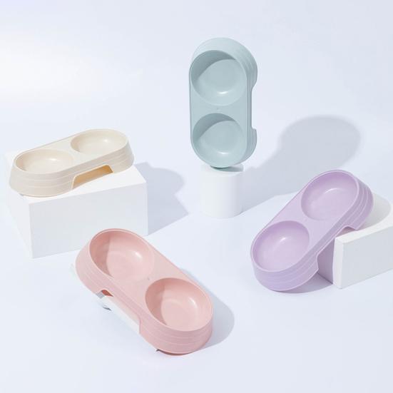 Pet Dishes Solid Color Double Bowl PP Material Cat Food Dispenser for Indoor