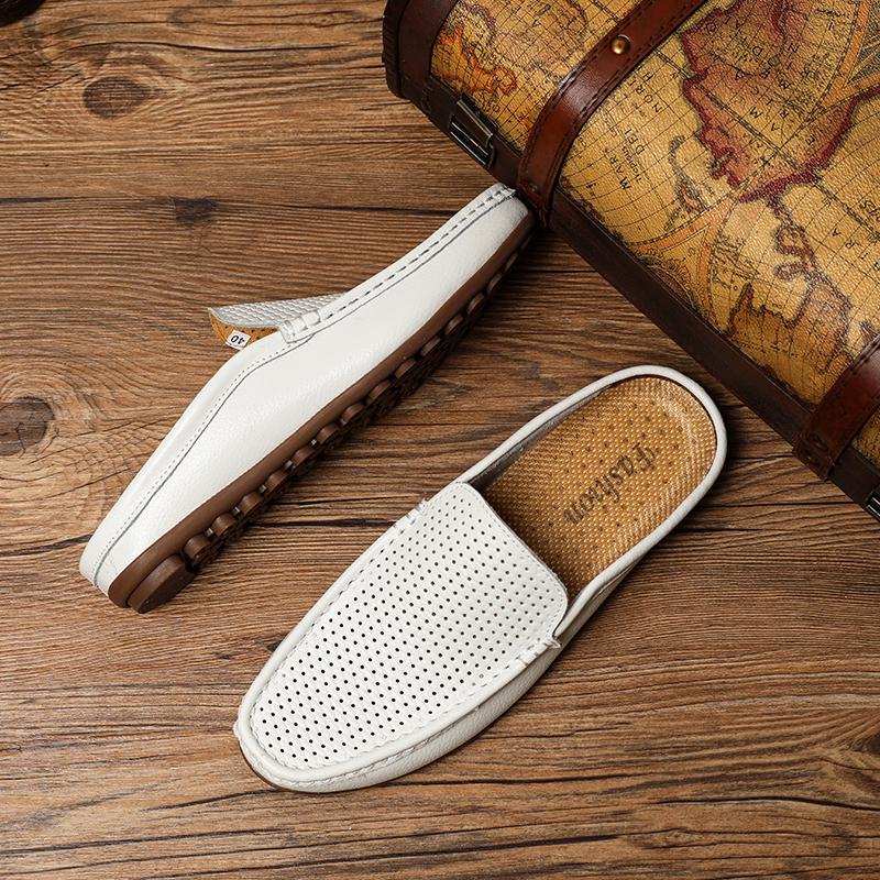 Fashion2024 Fashion Half Drag Loafers Men Casual Leather Driving Shoes Classic Mesh Summer Slippers Breathable Light Leisure Walk Flats