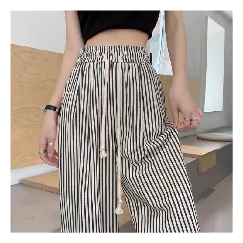 Plus Size Striped Ice Silk Wide-Leg Pants - Summer Thin Versatile Drawstring Casual Women s Pants L