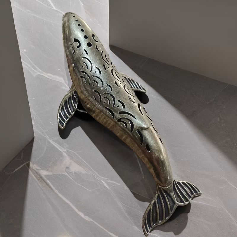 

Antique Cast Bronze Whale Incense Burner, Hand-Painted Line Art Home Decor Vintage Cottagecore Decorative Ornament & Collectible