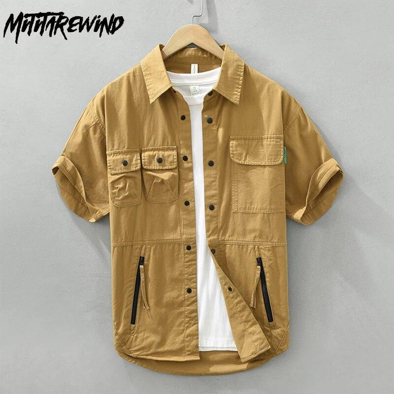 

Летняя мужская рубашка-карго с коротким рукавом Уличная одежда Повседневная свободная рубашка из чистого хлопка с несколькими карманами Дизайнерская рубашка Молодежная мода Мужские топы