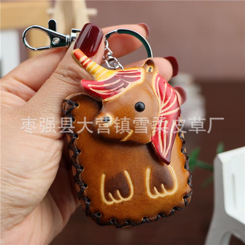

First Layer Cowhide Unicorn Access Control Card Bag, Keychain Pendant, Earphone Bag, Cute Trendy Buckle, Water Drop Card Bag.