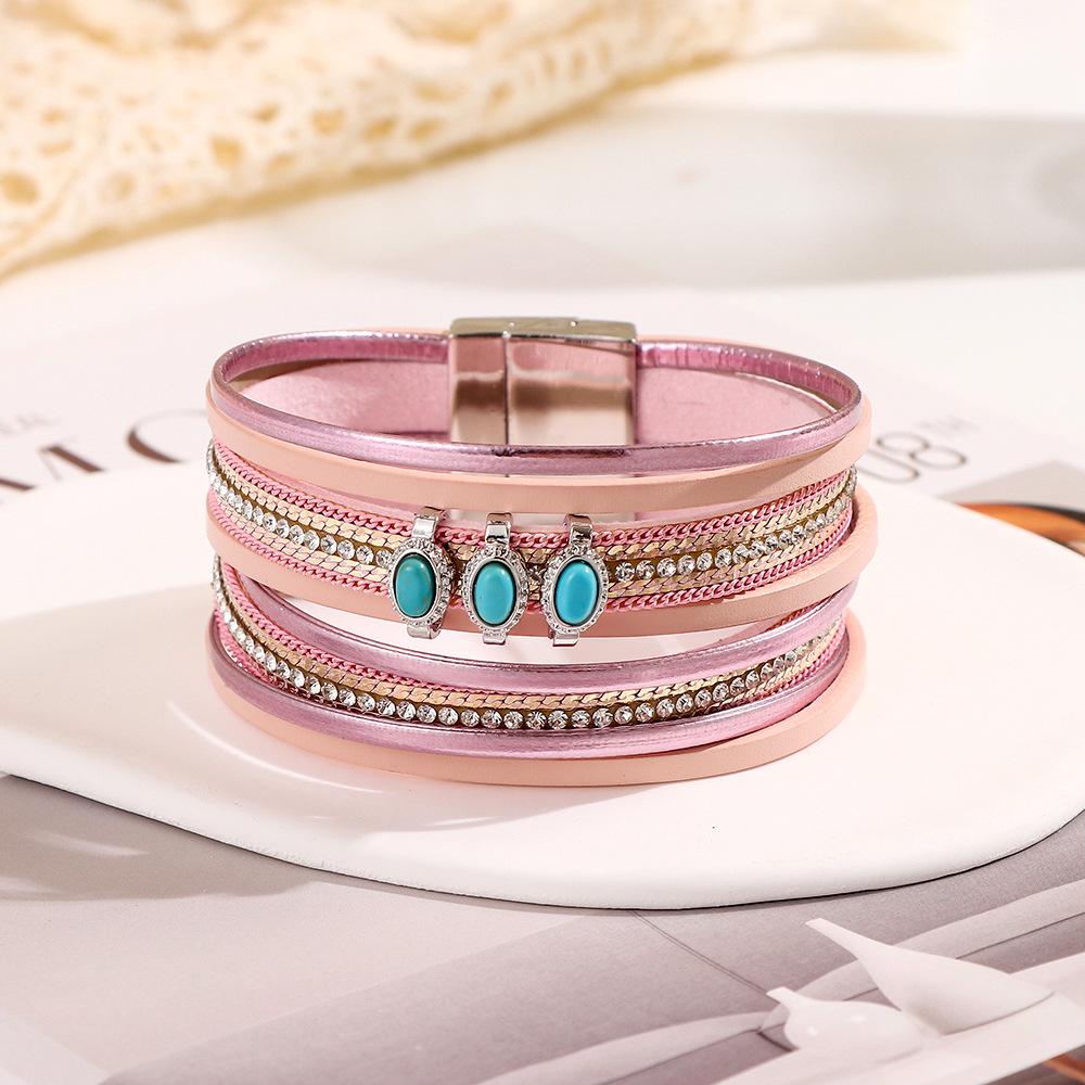 

Bohemian Multi-Layer Turquoise Leather Bracelet with Rhinestones рожевий