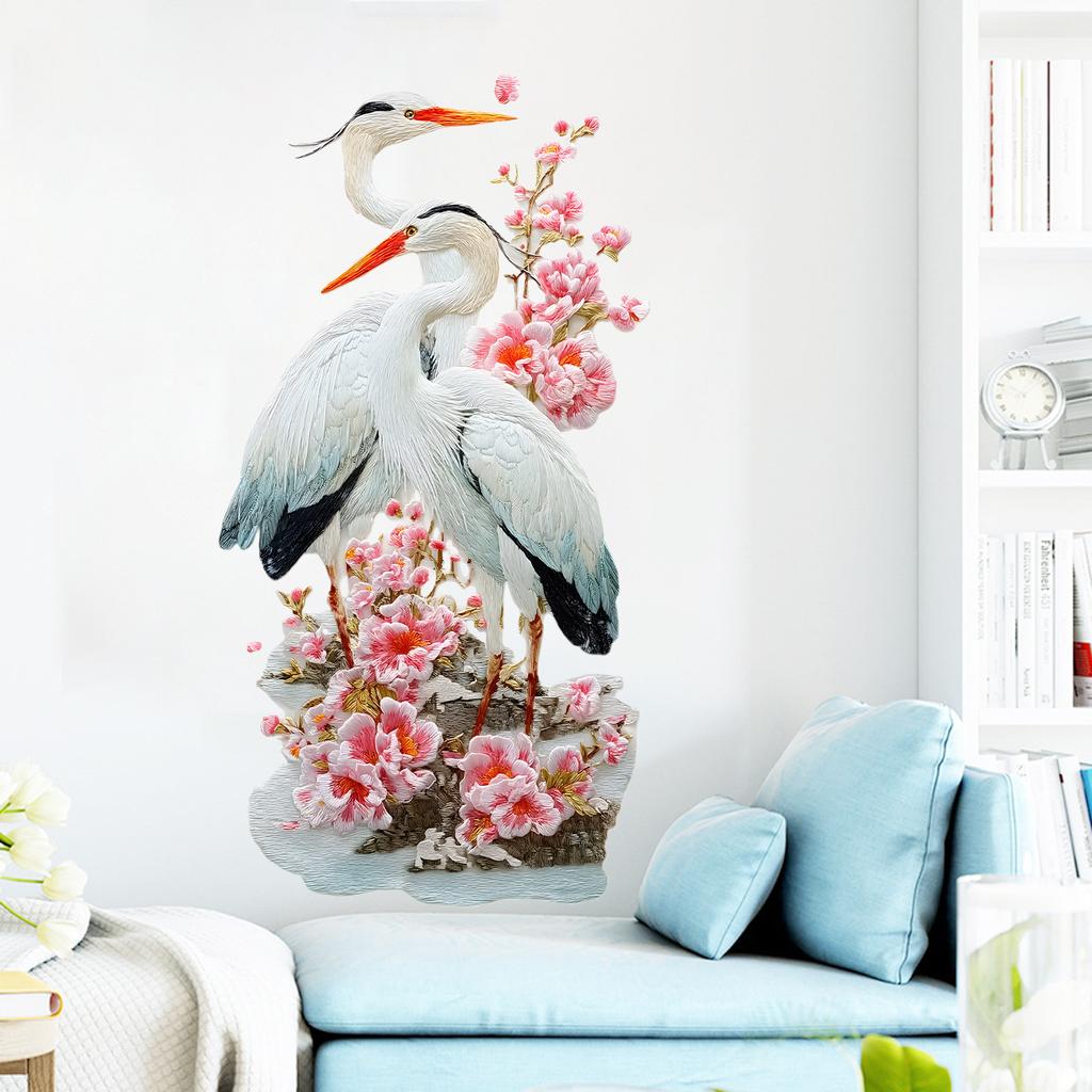 Chinese Style Floral Bird Egret Peach Blossom Wall Sticker Self-Adhesive Removable Living Room Bedroom Hallway Background Wall Home Decor Art