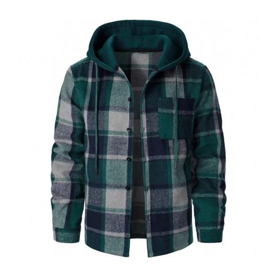 

Men Coat Hooded Long Sleeve Plaid Print Jacket Windproof Casual Street Style Spring Autumn Jacket Daily S зелёный