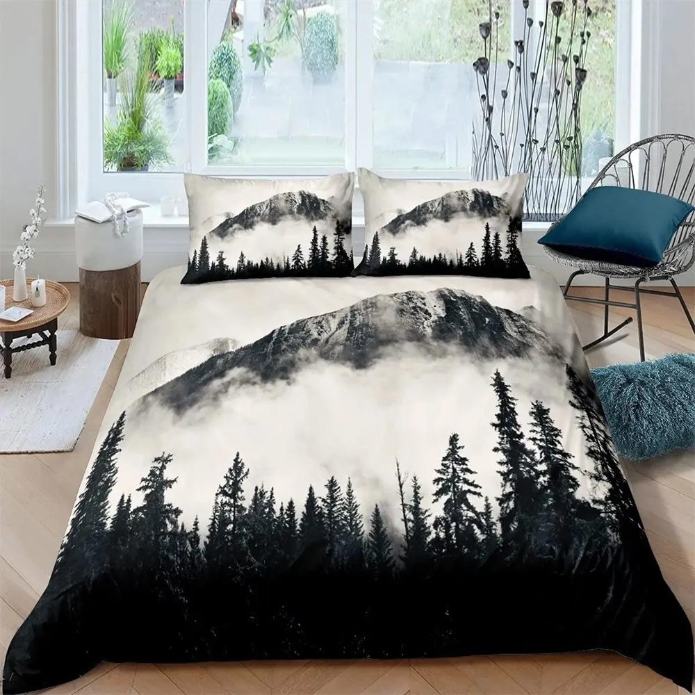 Smoky Mountain Duvet Cover Collection Misty Forest Bedding Collection Full Queen Size Grey Trees Natural Scenery Art Comforter Cover
