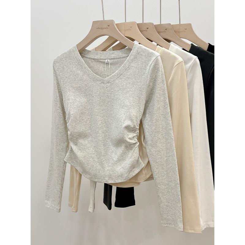 Damen V-Ausschnitt Slim-Fit Langarm-T-Shirt, Neuer Frühling/Herbst Stil mit Raffung an der Taille, Schickes Hot Girl Top, Vielseitiges Basic-Shirt.