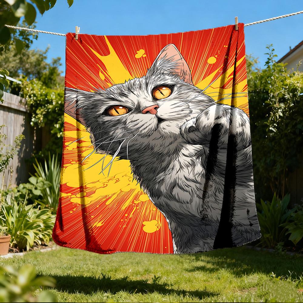 1pc Cat Power Outdoor Flannel Blanket , Machine Washable Perfect Gift for Birthday , Holiday Travel Accessory , Durable Material