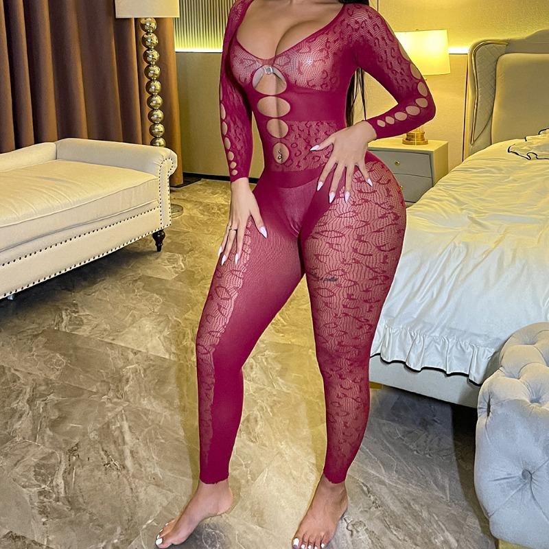 Sexy lingerie burgundy mesh sexy hollow one-piece pajamas long-sleeved backless tights