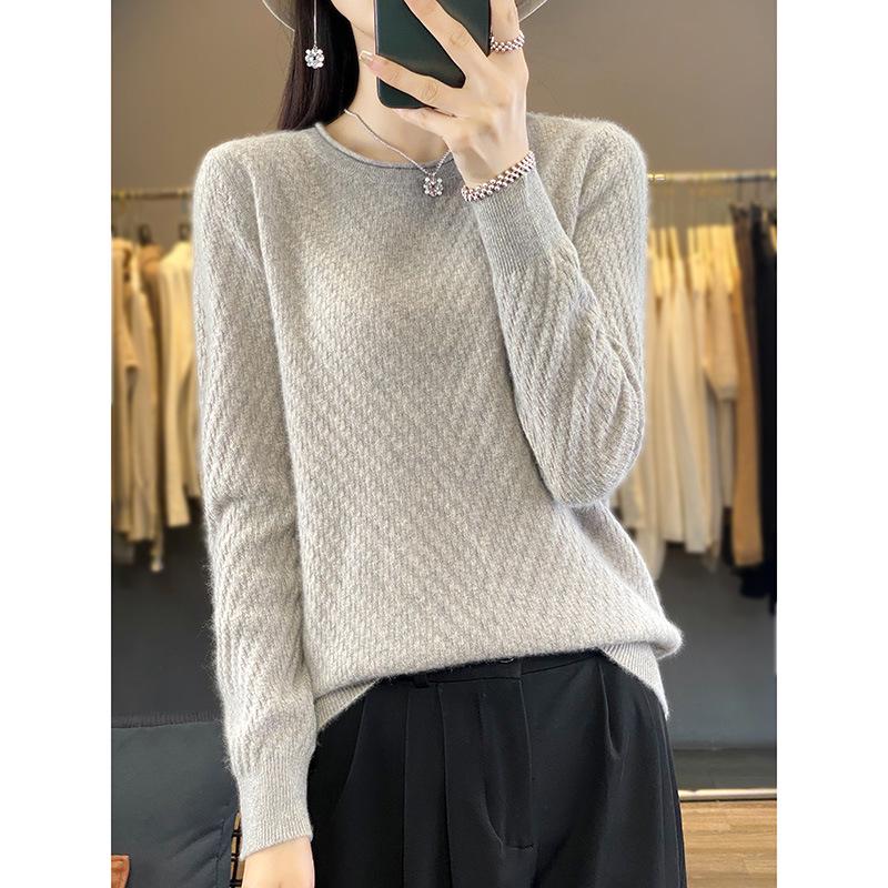 Women's Round Neck Solid Jacquard Wool Pullover Sweater - Autumn/Winter Casual Knitted Top