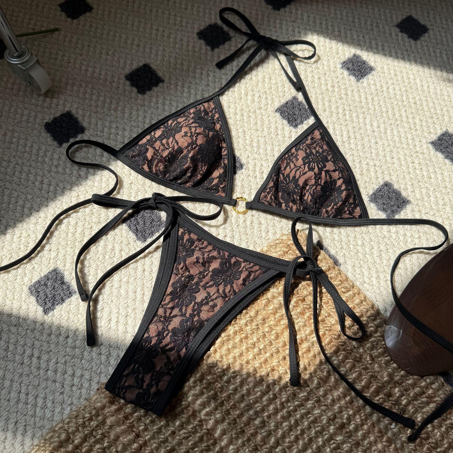 Sexy lace triangle bikini swimsuit for women, Bikini strappy halter bikini swimsuit S