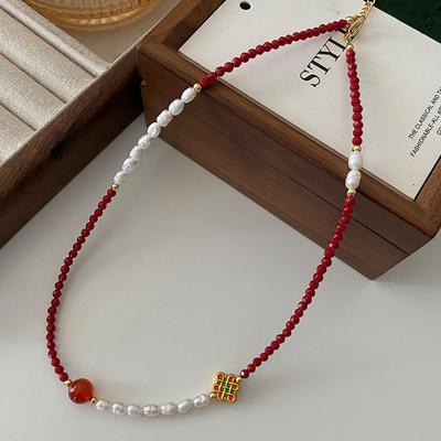 Nuova Collana con Perle di Agata Cinese, Catena per Clavicola con Perline di Miglio, Catena per Maglione Retro Guochao con Perle d'Acqua Dolce, Donna di Alta Gamma