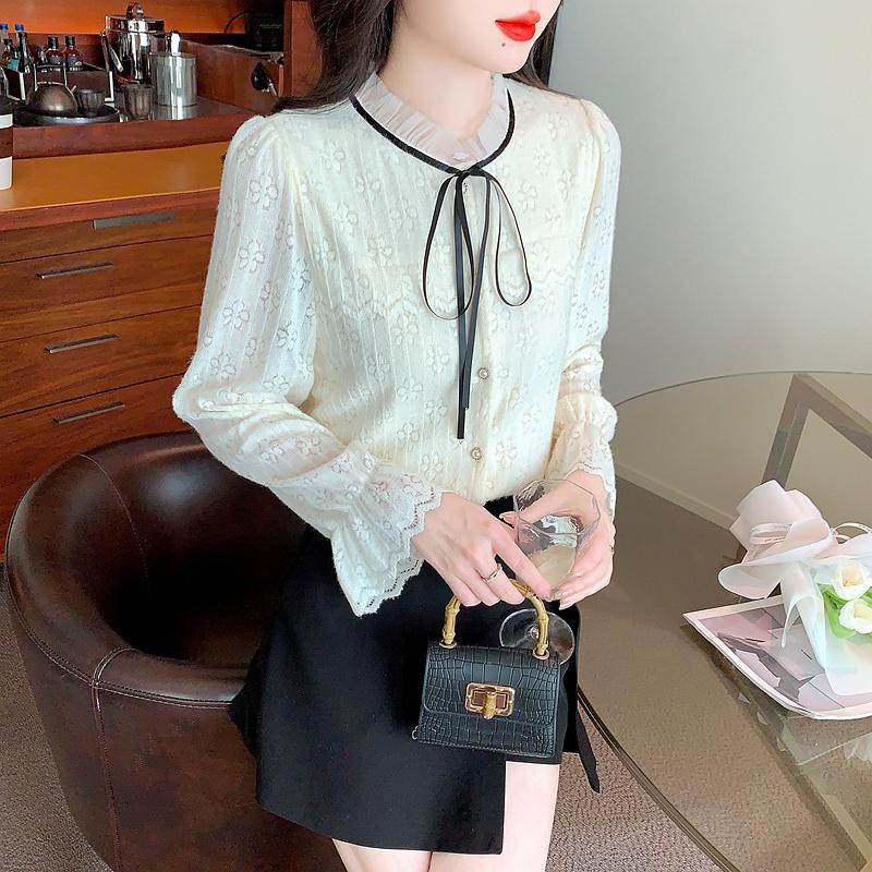 Winter Fashion New 2024 Long Sleeve Lace Up Stand Collar Apricot Velvet Lace Blouse Shirt Women Tops Blouses Shirts J811