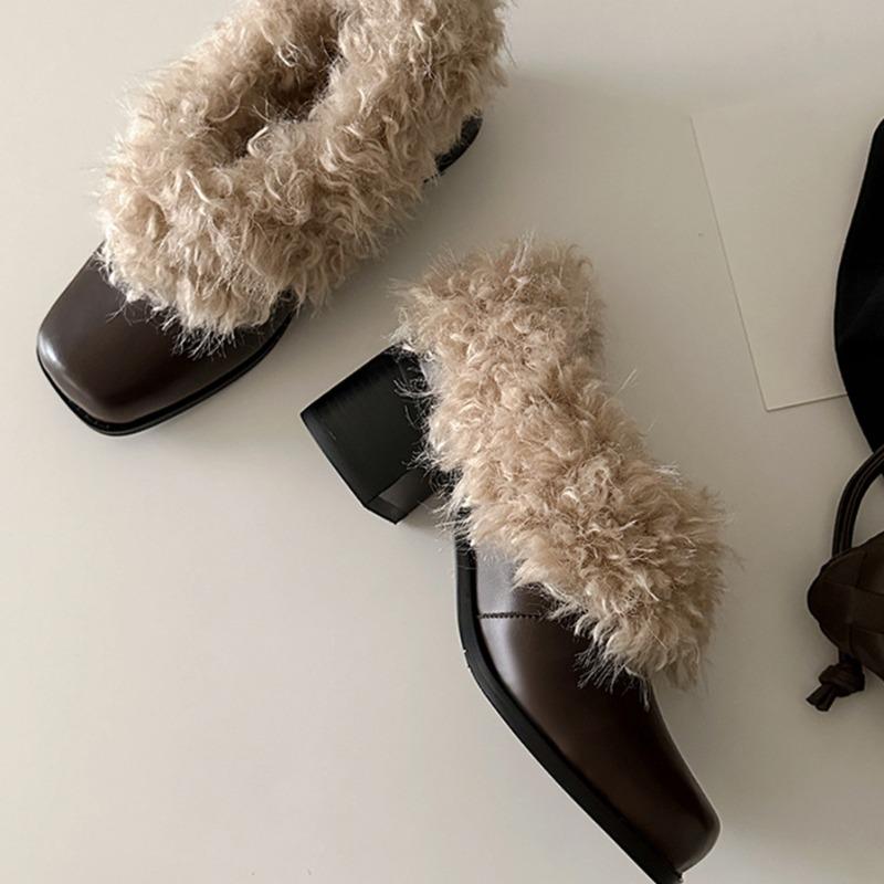 

Cowhide version high-heeled fluffy shoes women s velvet warm square head single shoes one pedal thick heel small leather shoes cotton shoes 40