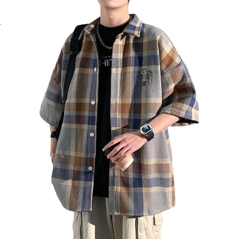 Foss Phil Men's Short-Sleeve Shirt, Summer Loose Plaid Shirt, Casual Jacket, Men's Clothing CY53 Gray-Blue XL