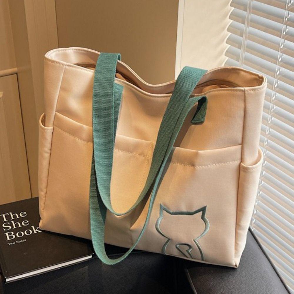 Multi-Pocket Nylon Tote Bag Embroidery Cat Nylon Shoulder Bag Lightweight Eco Bag Outdoor