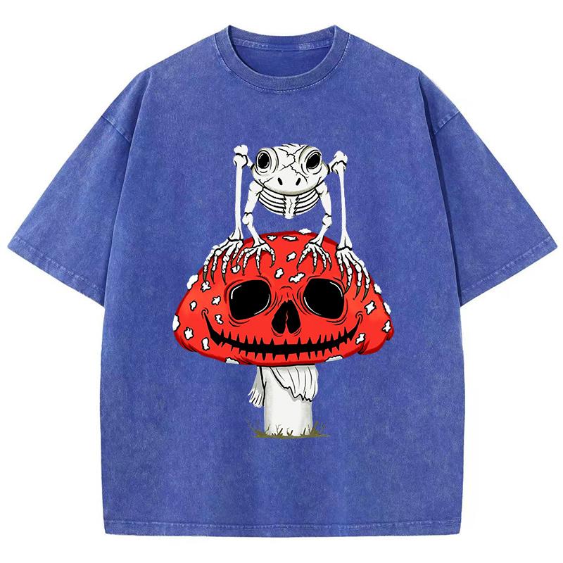 Cottagecore Mushrooms Skeleton Frog Print Women Washed T Shirt Summer Cotton T-Shirt Casual O-Neck Clothes