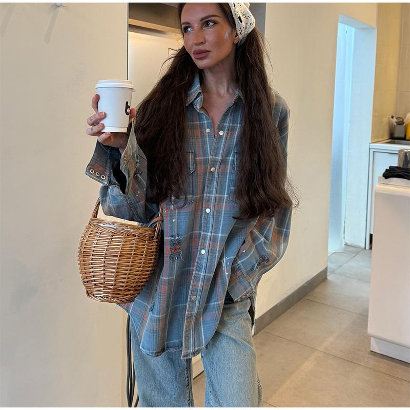 Blue Plaid Shirt Jacket Women's Spring Autumn 2025 New Elegant High-End Feel with Button Down The Front Female Casual Loose Blouses
