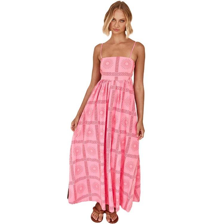 Summer Women Sleeveless Backless Print Slim A-Line High Waist Suspender Camisole Dress Long Casual Dresses S-XL Spring Fashion