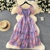Abito Retrò Francese Floreale in Chiffon con Vita Cinciurata, Manica a Sbuffo Monospalla e Gonna in Rete