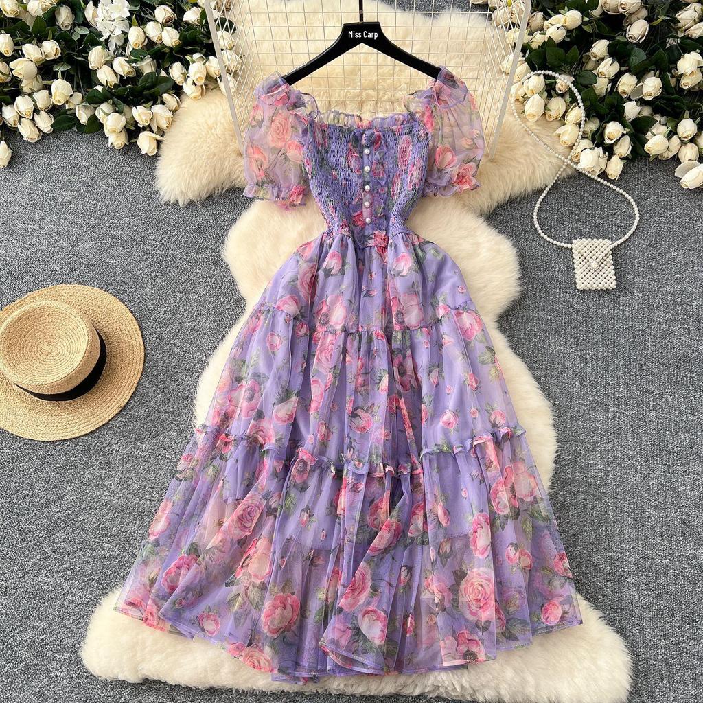 Abito Retrò Francese Floreale in Chiffon con Vita Cinciurata, Manica a Sbuffo Monospalla e Gonna in Rete